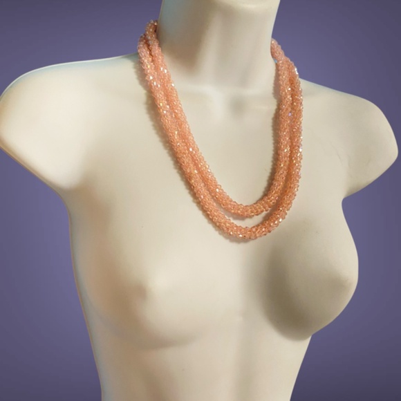 Glass Pink Faceted Twisted Beads Long Necklace Over-The-Head Style Heavy Chunky - Picture 11 of 11